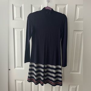 Navy blue dress with grey stay the bottom , worn ones